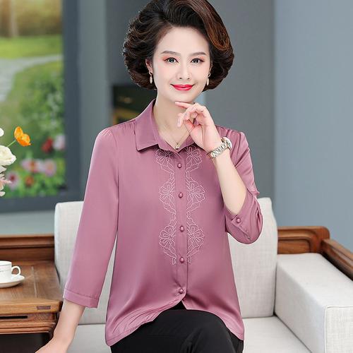 妈妈春装洋气长袖衬衣中年女真丝衬衫t恤上衣中老年春秋薄款小衫